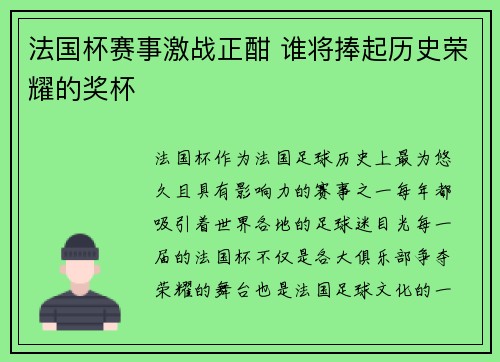 法国杯赛事激战正酣 谁将捧起历史荣耀的奖杯